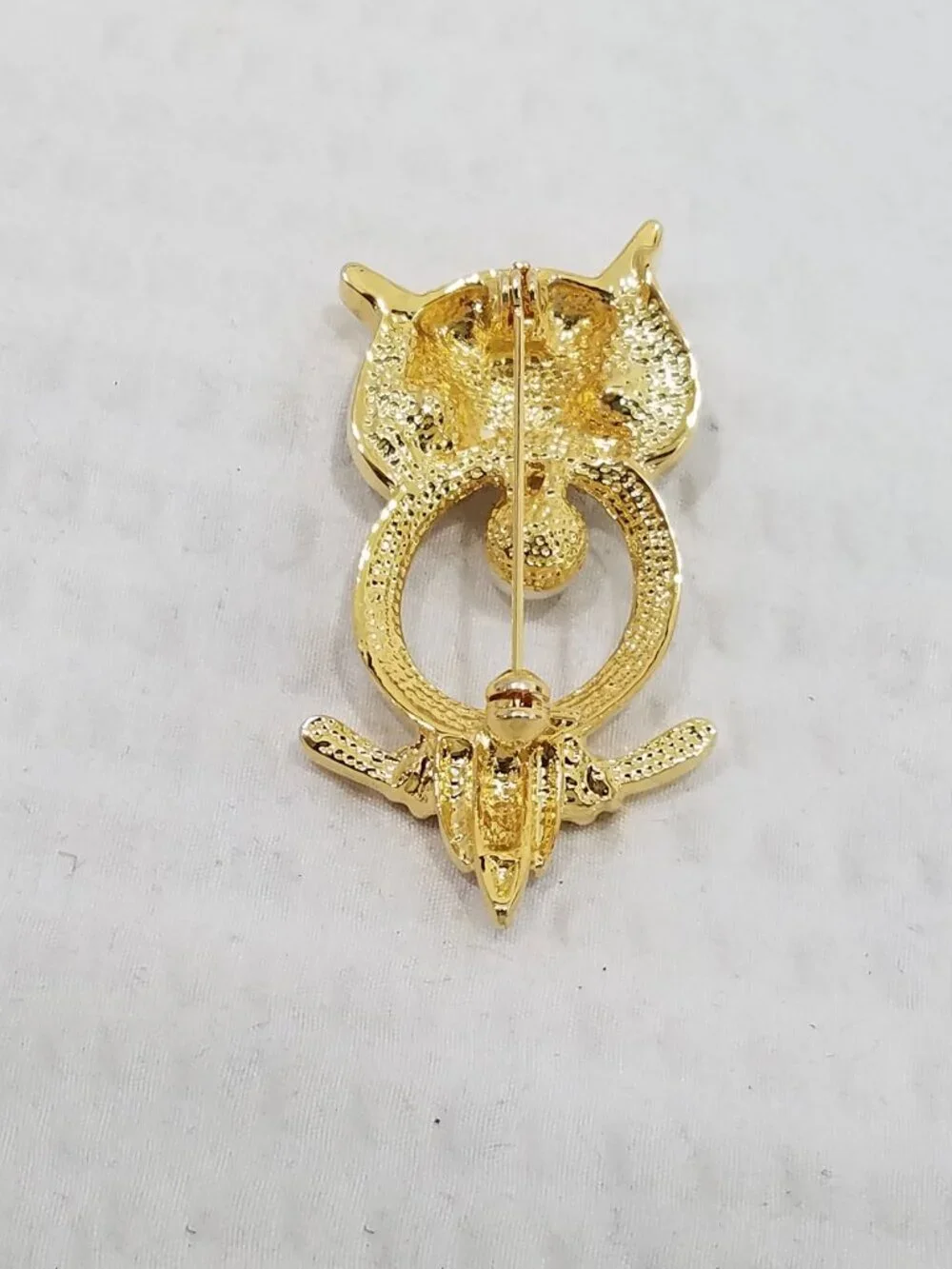 New!  Green & White Crystal Faux Pearl Gold Tone Openwork Figural Owl Brooch